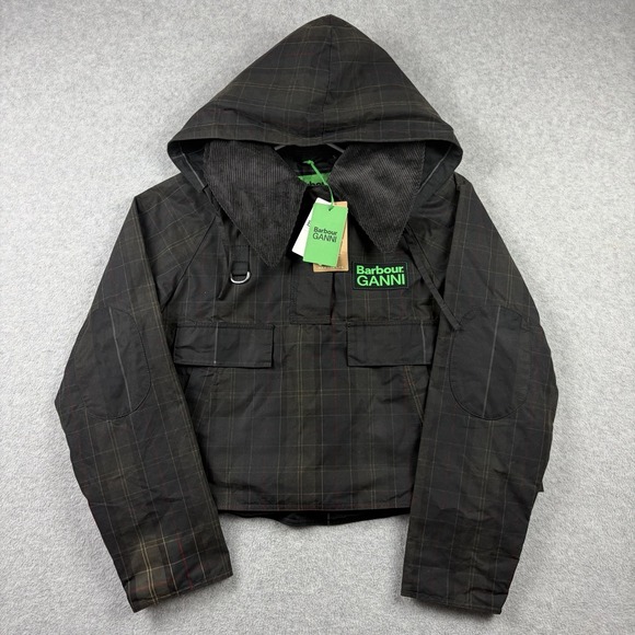 Barbour Jackets & Blazers - Barbour x Ganni Jacket Womens 8 Black Tartan Waxed Hooded Smock Anorak NWT